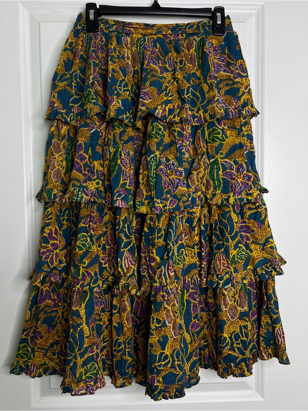 Cleobella Organic Cotton Multi-Print Boho Midi Skirt Size M Cottagecore Resort